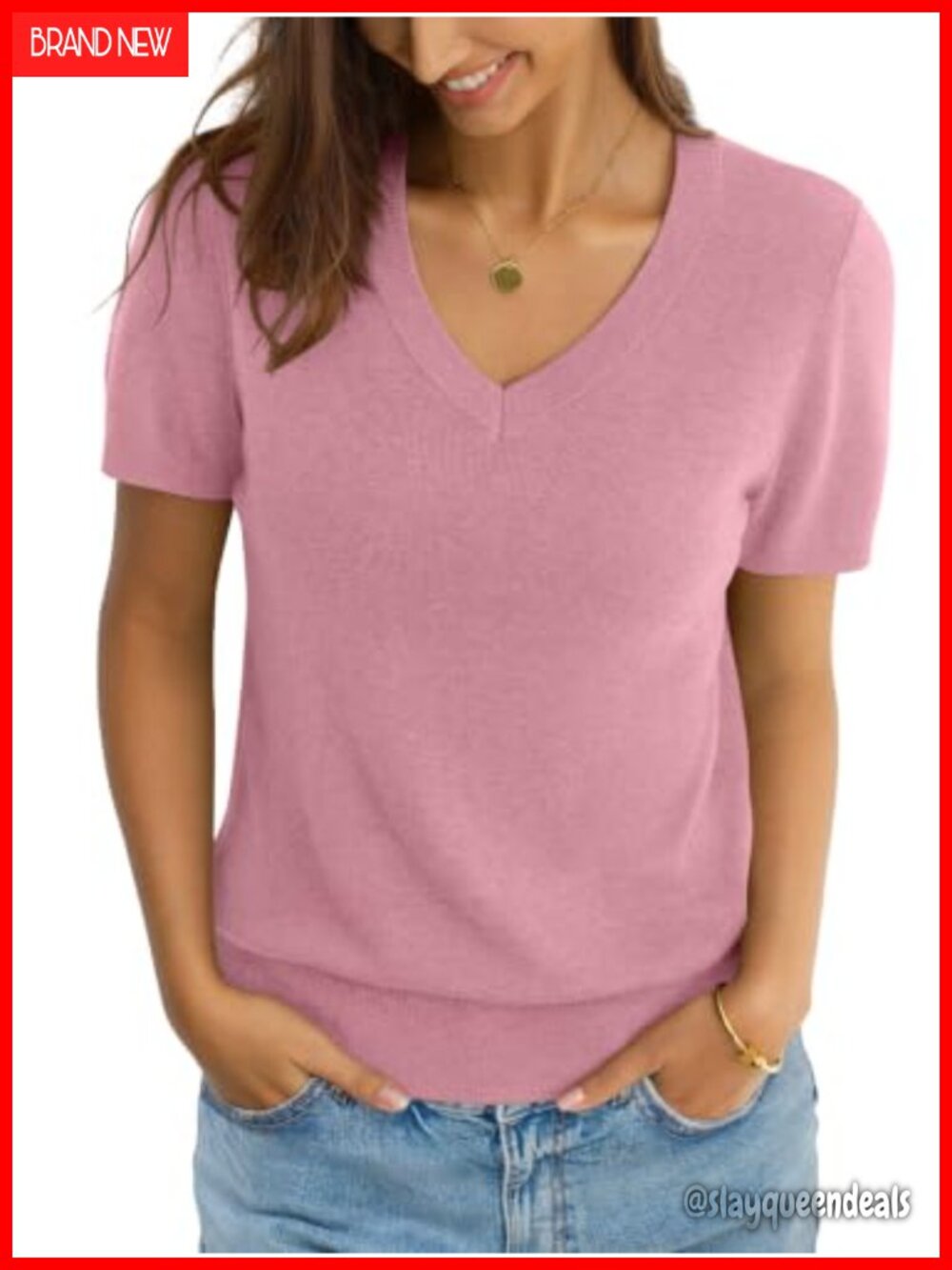 Wool Blend Lightweight V-Neck Short Sleeve Sweater Pullover